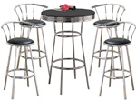 5 Piece Set - Black Table Top with Chrome Finish and Bar Table & Pub Set With 4 Swivel Seat Bar Stools with Back Rests