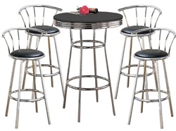 5 Piece Set - Black Table Top with Chrome Finish and Bar Table & Pub Set With 4 Swivel Seat Bar Stools with Back Rests