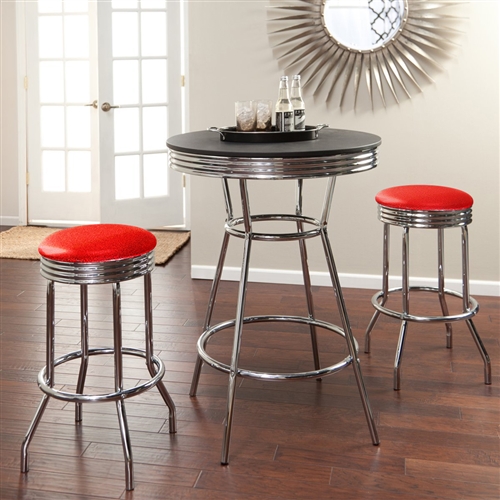 3 Piece Chrome Bar Table Set with 2 Chrome Finish Glitter Red Vinyl Seat Barstools