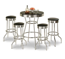 Bar Table Pub Set Barstool Barstools Stool Stools Black Vinyl Retro Chrome Hardwood Top Traditional Soda Fountain Style man cave mancave Dining