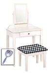 New White Finish Make Up Vanity Table with Mirror & Black and White Polka Dot Themed Bench