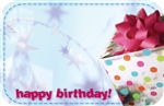 "Happy Birthday" : Silver present w/ blue dash border (Pack of 50 enclosure cards)