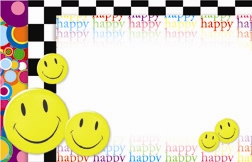 "Happy" : Smiley face with rainbow text bckgrnd (Pack of 50 enclosure cards)