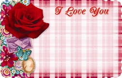 "I Love You" : Pink plaid with pink scrapbook rose (Pack of 50 enclosure cards)