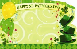 "Happy St. Patrick's Day" : Green w/ hats & balloon (Pack of 50 enclosure cards)