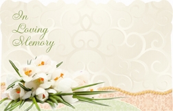 "In Loving Memory" : White tulip/lace bckgrnd (Pack of 50 enclosure cards)