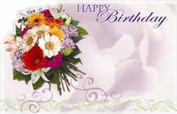 "Happy Birthday" : Purple with mixed bouquet (Pack of 50 enclosure cards)