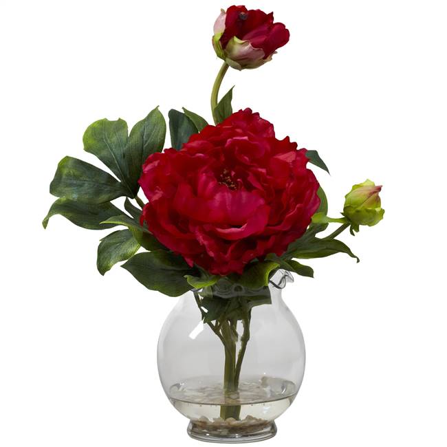 Peony w/Fluted Vase Silk Flower Arrangement