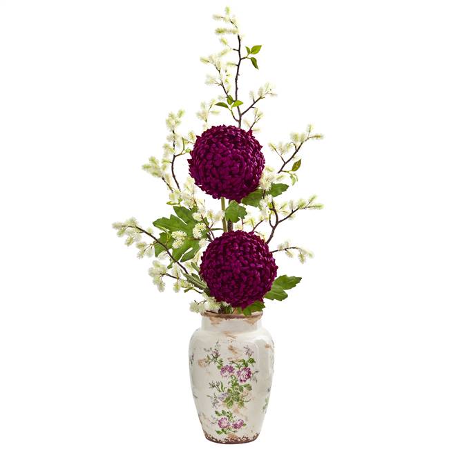 39” Mum and Thistle Artificial Arrangement in Floral Vase