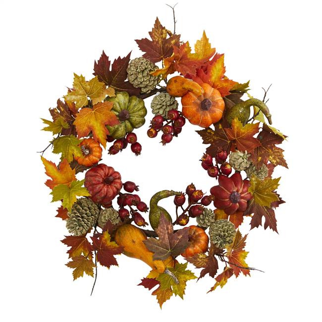 24" Pumpkin, Gourd, Berry and Maple Leaf Wreath
