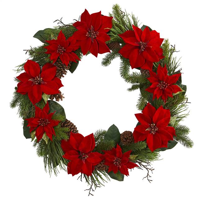 36" Poinsettia and Pine Wreath 