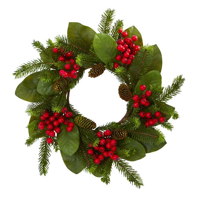 19” Magnolia Leaf, Berry and Pine Artificial Wreath