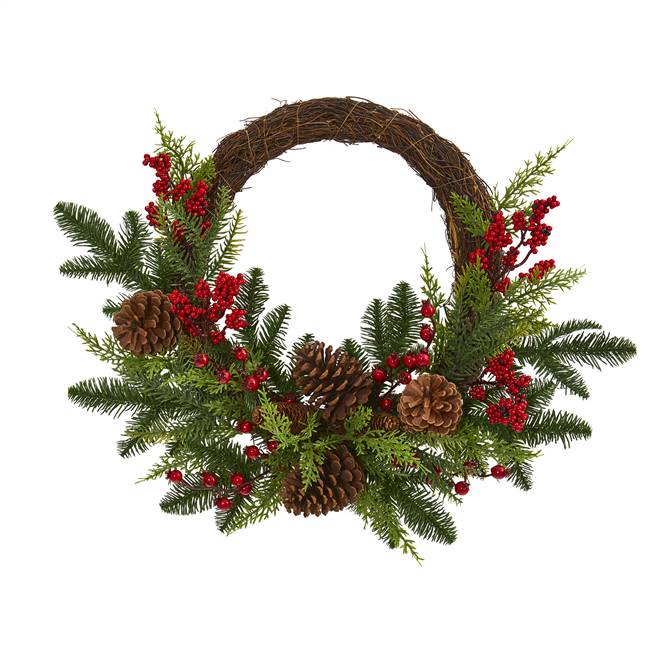 22” Mixed Pine and Cedar with Berries and Pine Cones Artificial Wreath