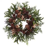 24” Pine & Pine Cone Wreath w/Burlap Bows
