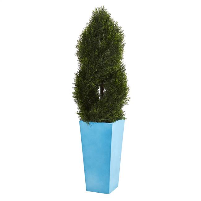 4.5' Double Pond Cypress Spiral Artificial Tree in Turquoise Planter UV Resistant (Indoor/Outdoor)