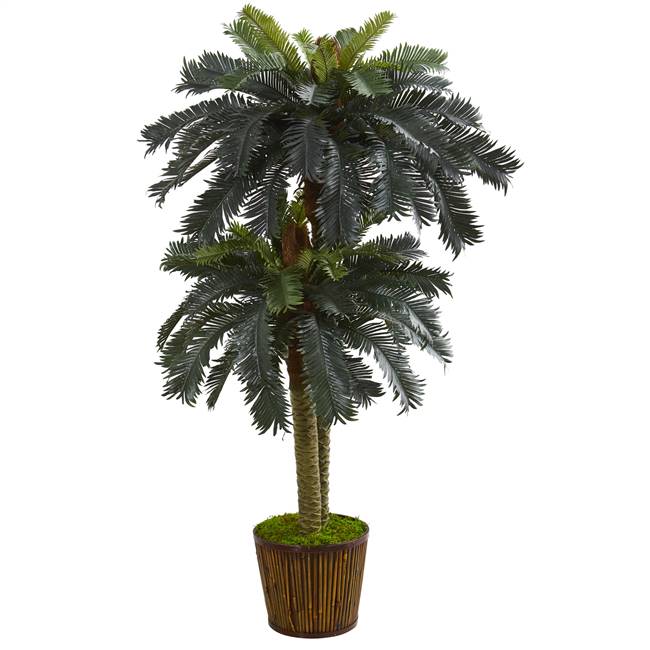 5.5' Double Sago Palm Artificial Tree in Wood Planter