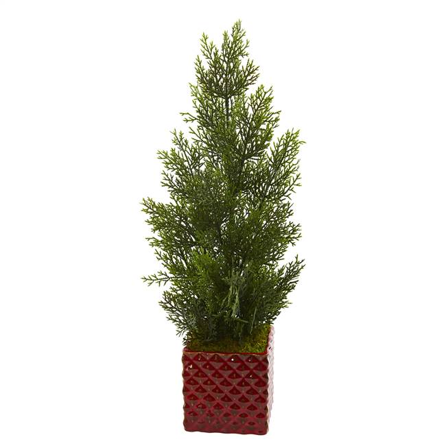 25” Mini Cedar Pine Artificial Tree in Red Planter (Indoor/Outdoor)