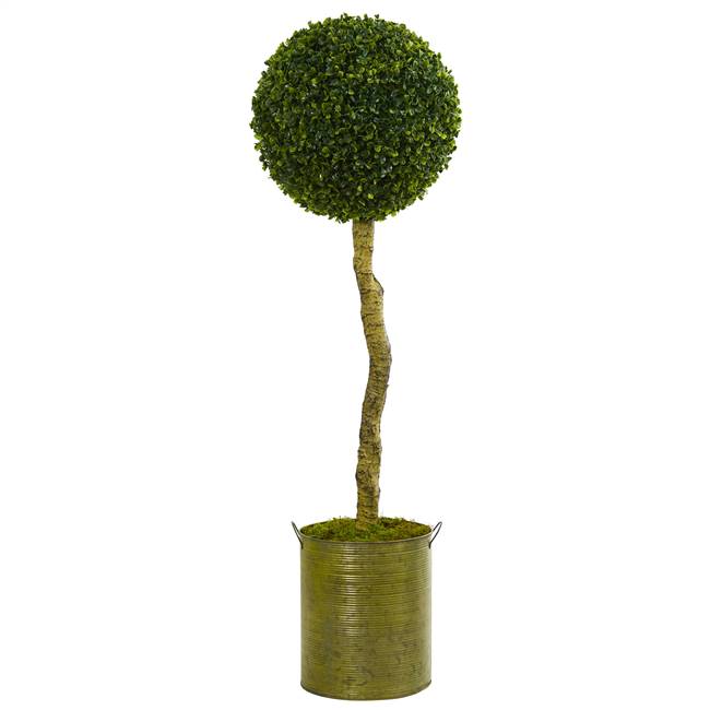 4’ Boxwood Ball Topiary Artificial Tree in Green Tin Planter UV Resistant (Indoor/Outdoor)