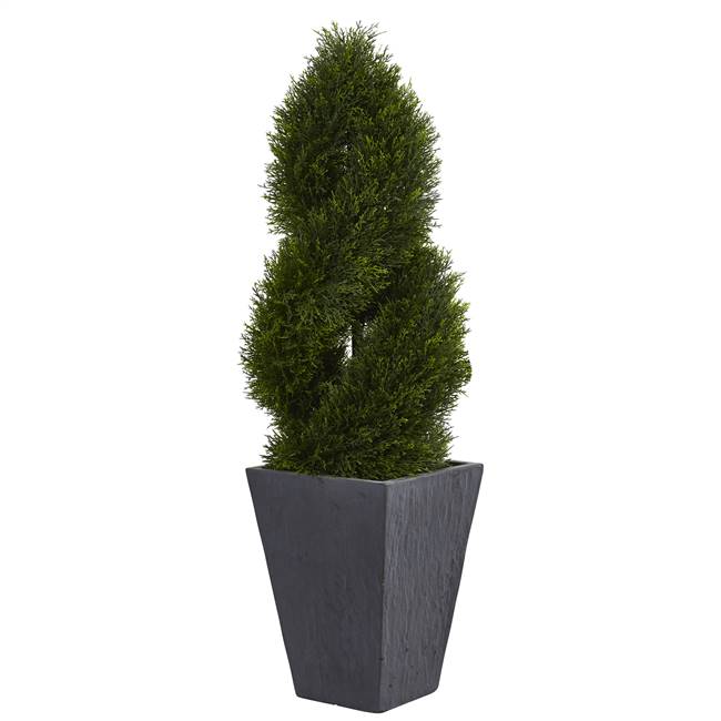 4’ Cypress Double Spiral Topiary Artificial Tree in Slate Planter UV Resistant (Indoor/Outdoor)
