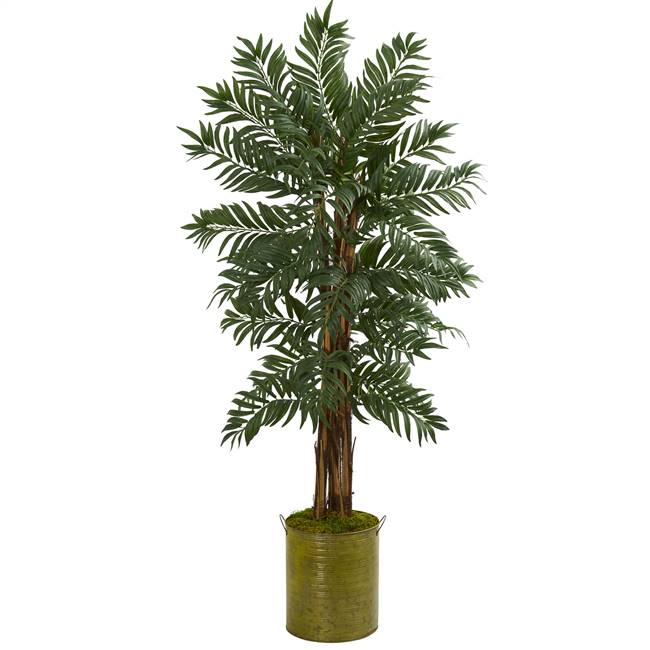 5’ Parlor Palm Artificial Tree in Green Tin Planter