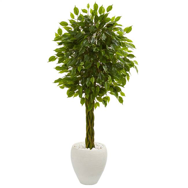 4.5’ Braided Ficus Artificial Tree in White Planter UV Resistant (Indoor/Outdoor)