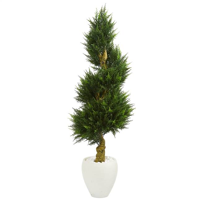 5’ Cypress Spiral Artificial Tree in White Oval Planter UV Resistant (Indoor/Outdoor)