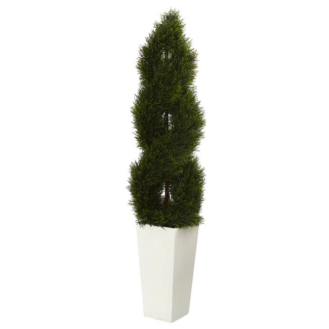 5.5’ Double Pond Cypress Spiral Topiary Artificial Tree in White Tower Planter UV Resistant (Indoor/Outdoor)