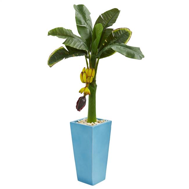 4’ Banana Artificial Tree in Turquoise Tower Vase