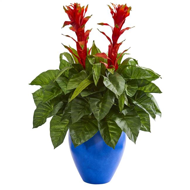 35” Bromeliad & Taro Artificial Plant in Blue Planter