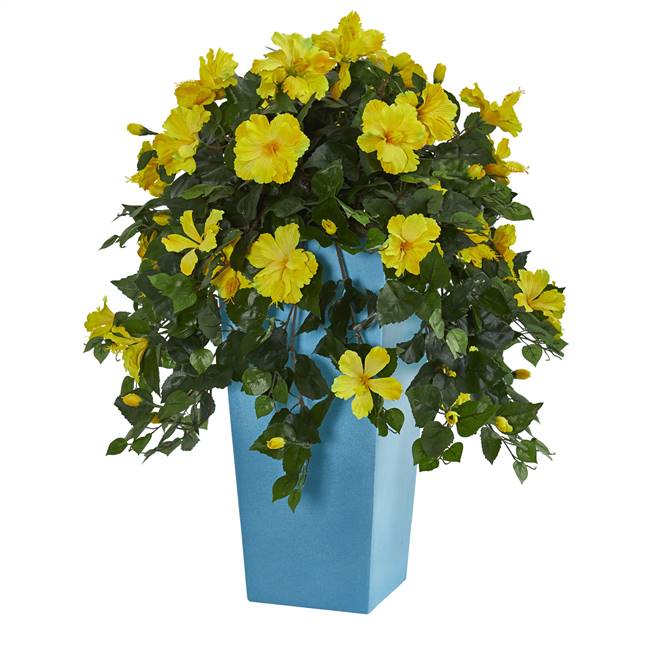 31’’ Hibiscus Artificial Plant in Turquoise Tower Vase