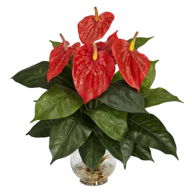 Anthurium w/Fluted Glass Bowl Silk Plant