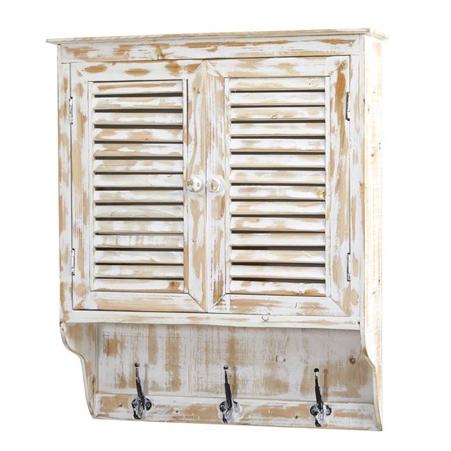 32” White Washed Wall Cabinet with Hooks