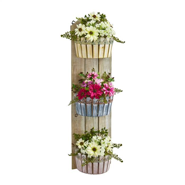 39” Mixed Daisy Artificial Plant in Three-Tiered Wall Decor Planter