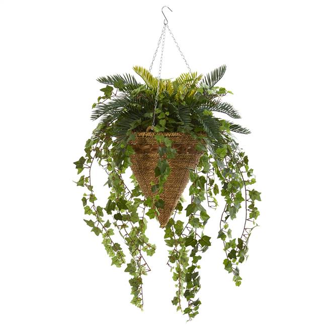 41” Cycas and Ivy Artificial Plant in Hanging Basket