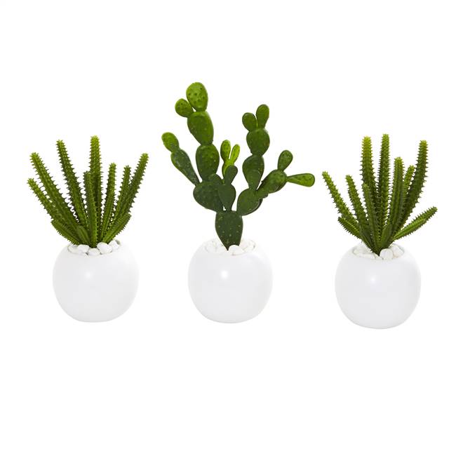 10” Cactus Succulent Artificial Plant in White Vase (Set of 3)