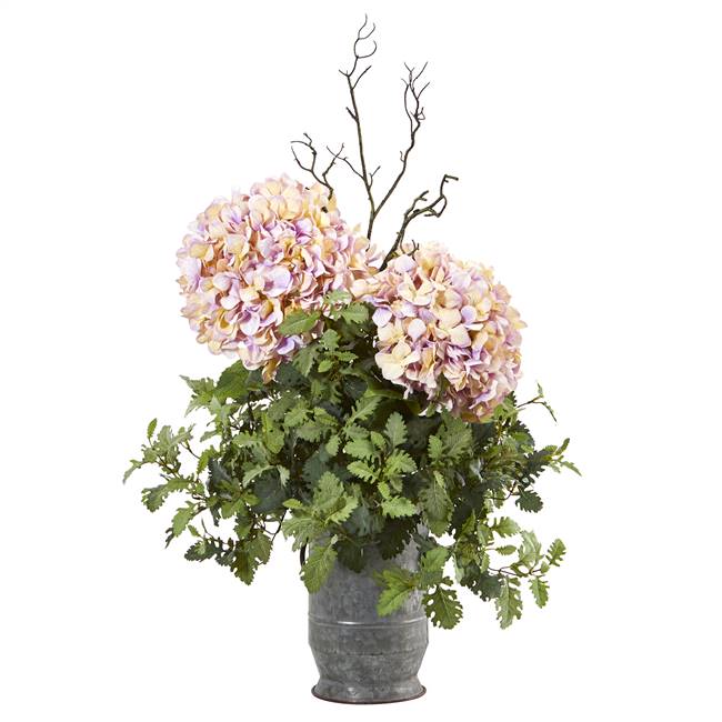 44” Hydrangea and Dusty Miller Artificial Plant in Metal Urn