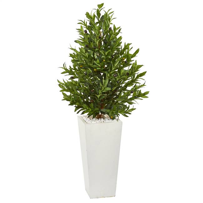 4’ Olive Cone Topiary Artificial Tree in White Planter UV Resistant (Indoor/Outdoor)