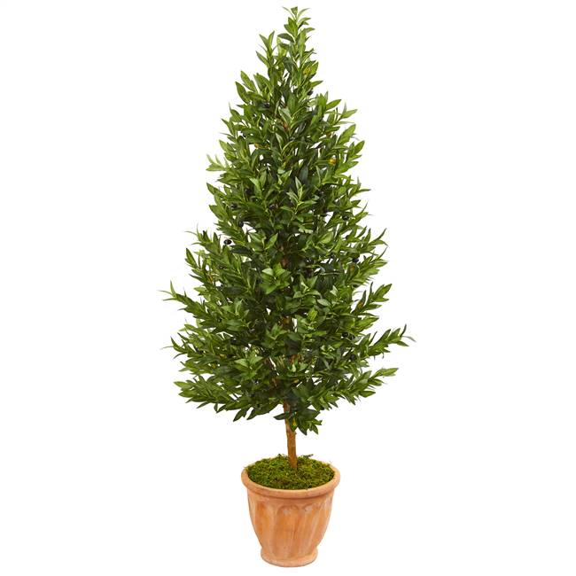 5’ Olive Cone Topiary Artificial Tree in Terra Cotta Planter UV Resistant (Indoor/Outdoor)
