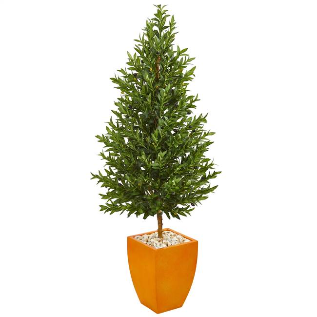 5.5’ Olive Cone Topiary Artificial Tree in Orange Planter UV Resistant (Indoor/Outdoor)