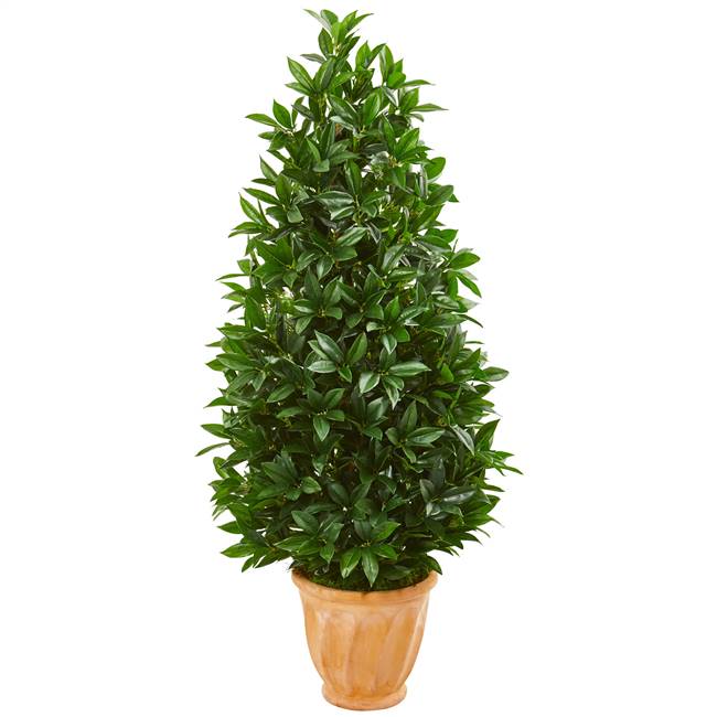 4.5’ Bay Leaf Cone Topiary Artificial Tree in Terra Cotta Planter UV Resistant (Indoor/Outdoor)