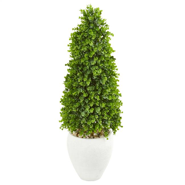 41” Eucalyptus Cone Topiary Artificial Tree in White Planter (Indoor/Outdoor)