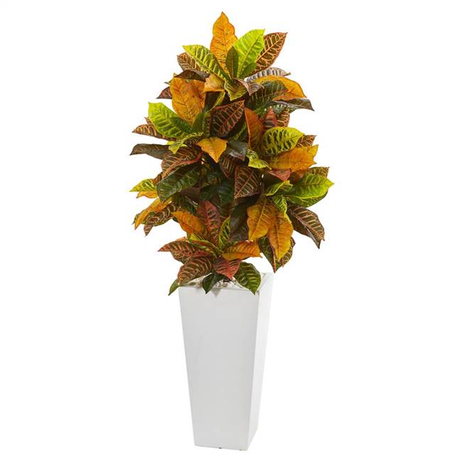 51” Croton Artificial Plant in White Tower Planter (Real Touch)