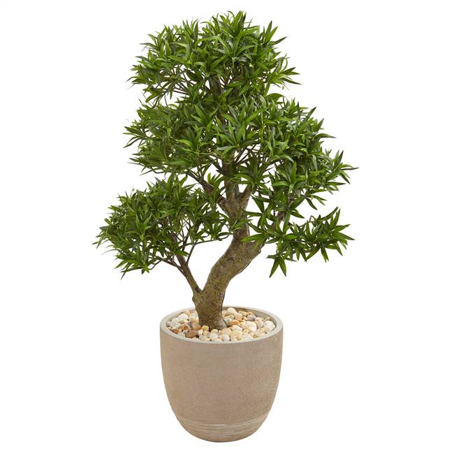 40” Podocarpus Artificial Bonsai Tree in Sandstone Planter