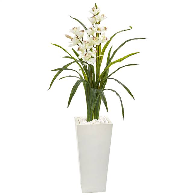 50” Cymbidium Orchid Artificial Plant in White Tower Planter