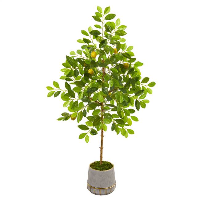 52” Lemon Artificial Tree in Stoneware Vase with Gold Trimming