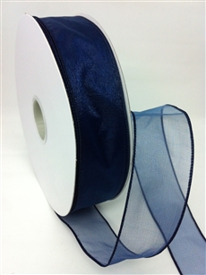 Ribbon #9 Sheer Spring Navy Wired Edge 50Y