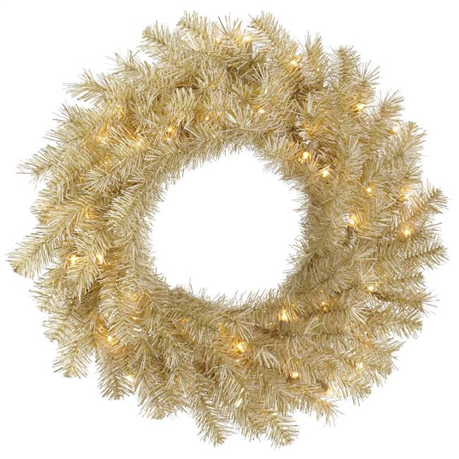 48" White/Gold Tinsel Wreath 100Clear