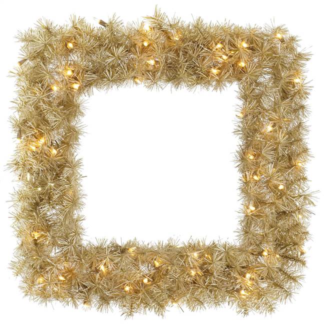 30" White/Gold Tinsel Sq Wreath 50WW LED