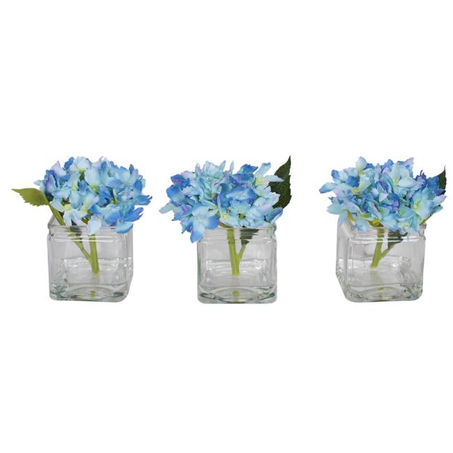 5" Blue Hydrangea in Glass Cube 3/Set