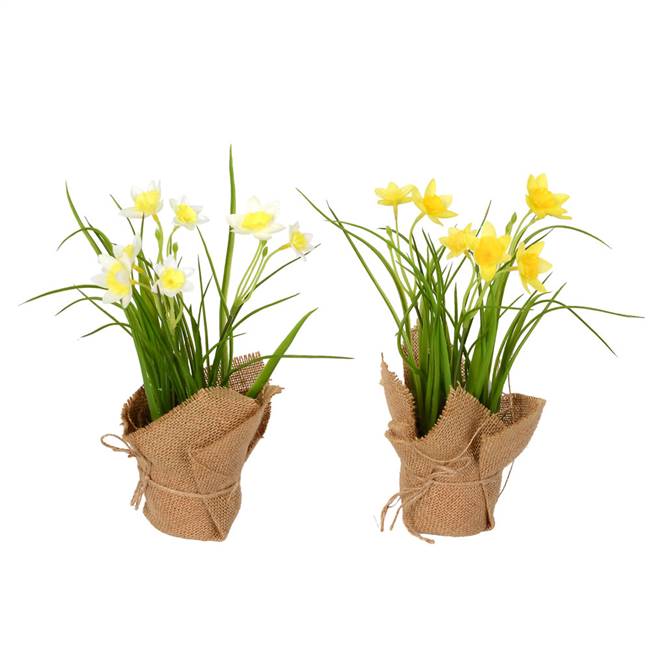 10" Yellow Daffodil Burlap Pot, Set of 2